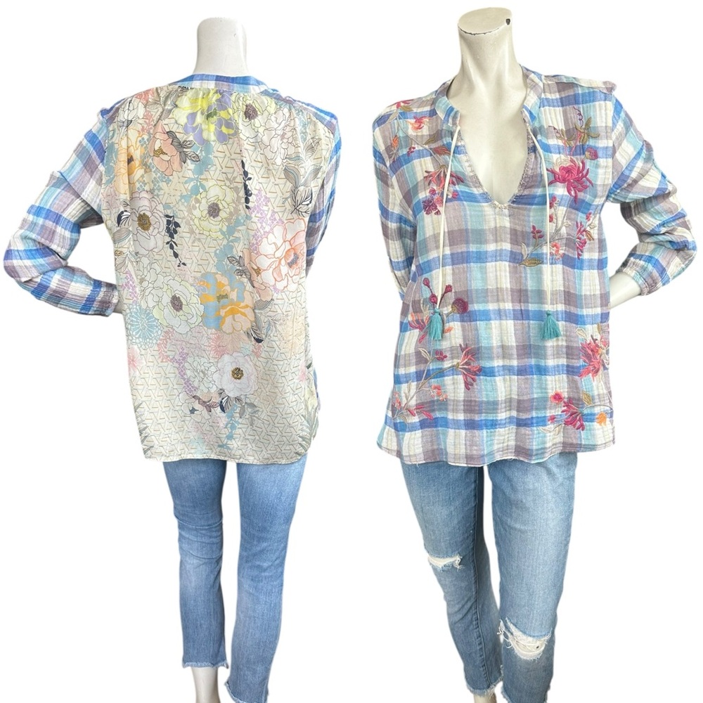 Johnny Was Viviana Effortless Blue White Plaid Floral Silk Print Back Size Small